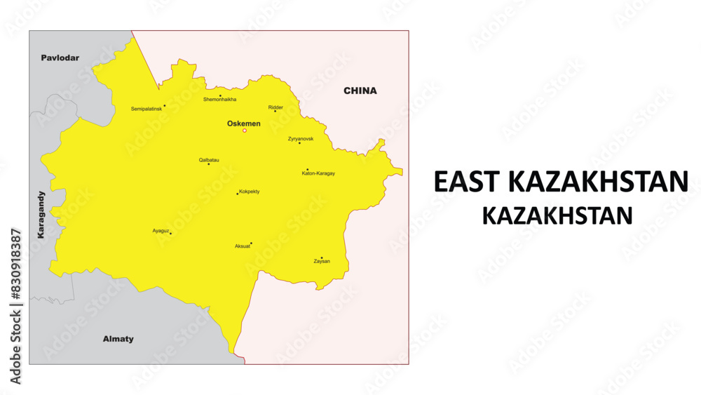 East Kazakhstan Map. District map of Kazakhstan in color with Capital. District boundaties of East Kazakhstan
