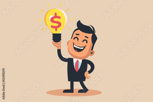Happy Businessman with Bright Lightbulb Idea and Dollar Sign, Symbolizing Profiting from Innovation