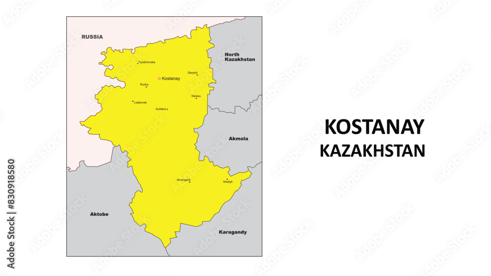 Obraz premium Kostanay Map. District map of Kazakhstan in color with Capital. District boundaties of Kostanay