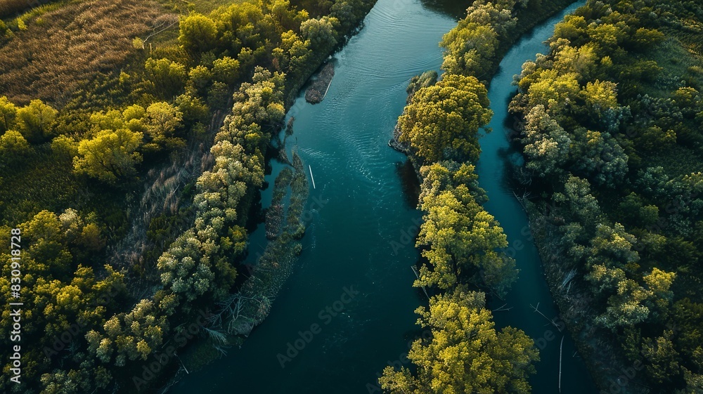 a bird's eye view of a river in the middle of the forest, a wonderful sight as it meanders through the trees. Generated by AI