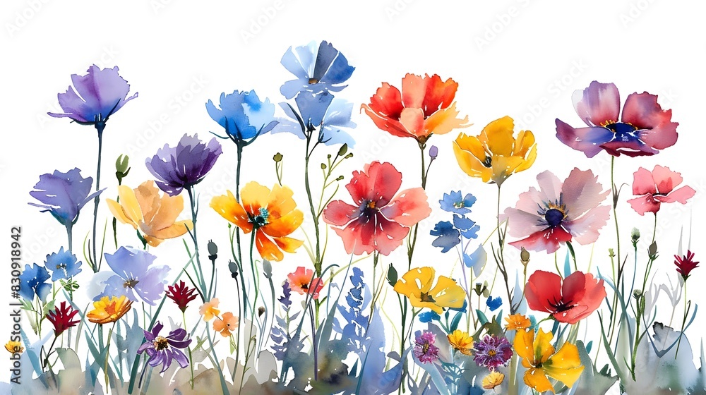Beautiful Watercolor Wildflowers in Blooming Meadow with Vibrant Petals and Delicate Botanicals