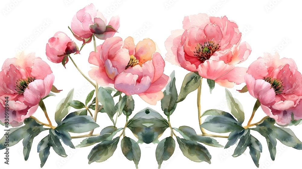 Blushing Peonies in Watercolor on White Background