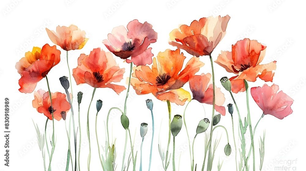 Obraz premium Bold and Vibrant Watercolor Poppies Blooming on a White Background