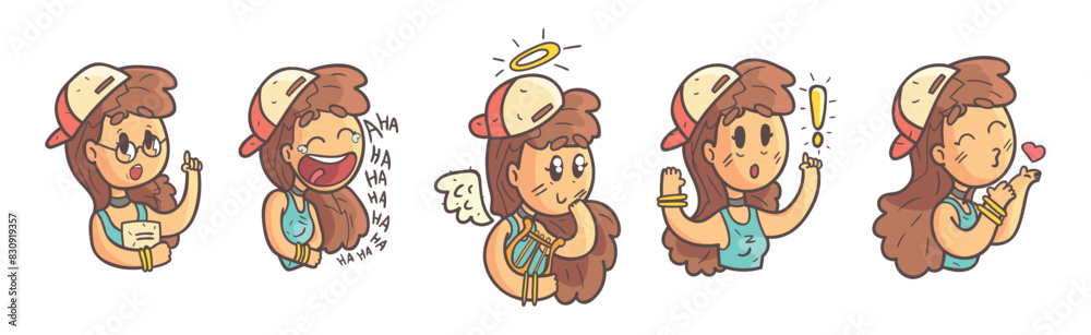 Cute Teenage Girl in Cap with Different Facial Expression Vector Set Cute Teenage Girl in Cap with Different Facial Expression Vector Set