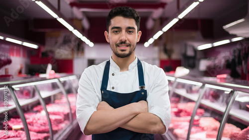 portrait of young caucasian male butcher at a modern meatshop photo