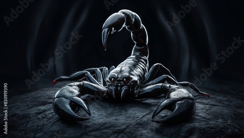 Detailed close-up of a dark scorpion in cinematic fantasy ambiance. Intricate exoskeleton and intense eyes. Eerie shadows heighten the mystery, animals photography, ai generated photo