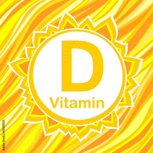 Vitamin D Icon with Sun. Vitamin D glossy label or icon. Healthy life medical and dietary supplement. Health care concept. Icon isolated white background. 2 November - Vitamin D day. Vector