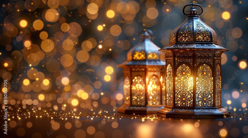 Obraz premium Celebration of islamic eid mubarak and eid al adha lantern in a light background. 