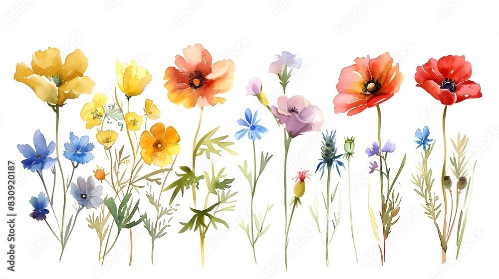 Fototapeta premium Colorful Vibrant Floral Meadow Bouquet Watercolor Painting Nature Design Background