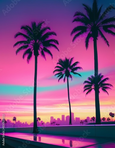 Vibrant sunset hues of pink and purple over a city skyline with silhouetted palm trees, reflecting in a serene pool.