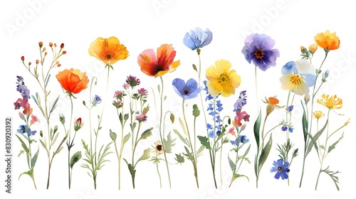 Colorful Watercolor Wildflower Garden in Bloom with Vibrant Floral Arrangement