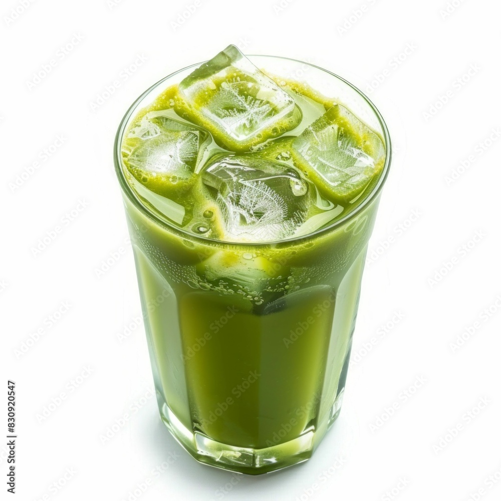 Refreshing matcha iced tea in a glass on white background. Generative ai. Refreshing matcha iced tea in a glass on white background. Generative ai.