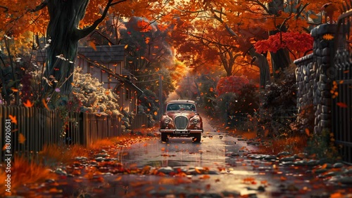 The small car winds down a quaint English country road on a soft autumn evening, surrounded by fallen leaves in bright orange and red. seamless looping time-lapse animation video background photo
