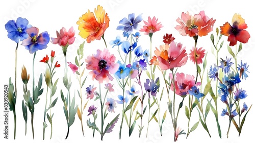 Colorful Wildflower Meadow with Vibrant Blooms in Watercolor Painting Style