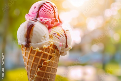 Sundae delight: a mixed ice cream cone with strawberry, vanilla, and chocolate flavors. Generative ai.
