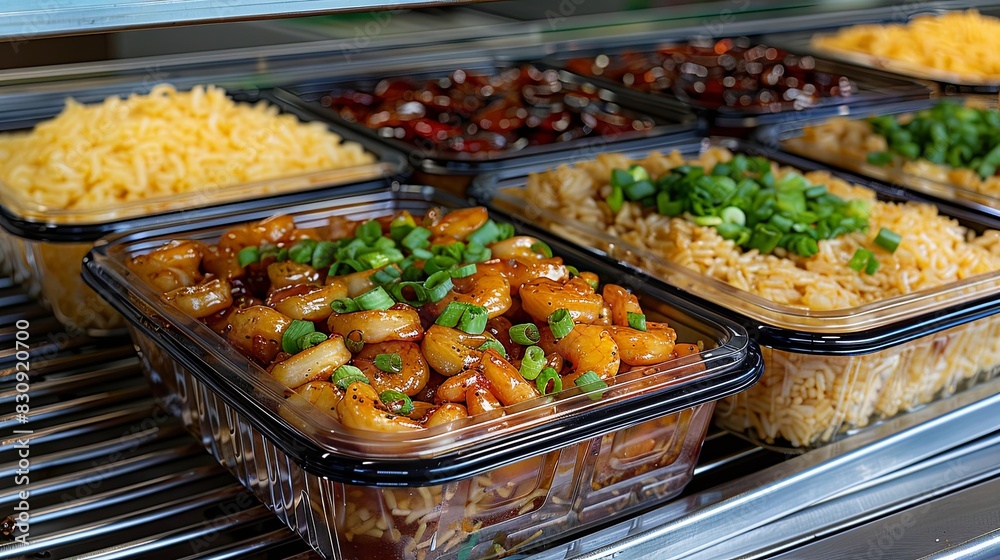 A variety of Asian food is displayed in clear plastic containers A variety of Asian food is displayed in clear plastic containers