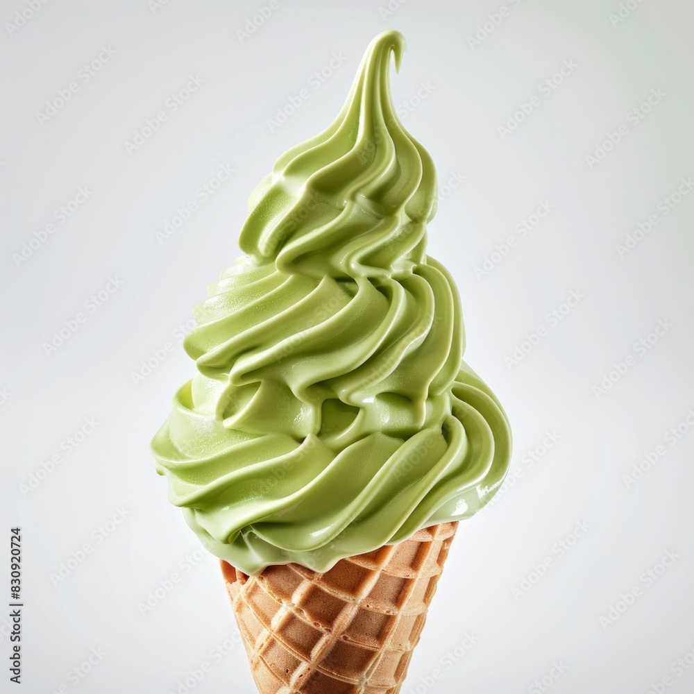 Matcha soft serve ice cream in a waffle cone. Generative ai. Matcha soft serve ice cream in a waffle cone. Generative ai.
