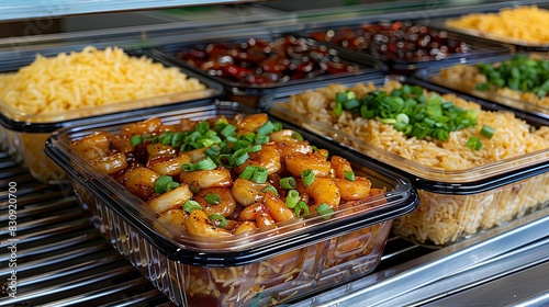 A variety of Asian food is displayed in clear plastic containers © JVLMediaUHD