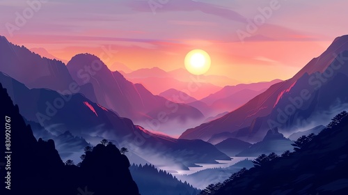 Digital art of a serene mountain landscape at sunrise with layers of peaks and valleys shrouded in mist, creating a peaceful ambiance.