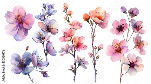 Delicate Watercolor Blooms in Vivid Hues on White Background