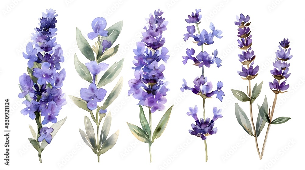 Naklejka premium Delicate Watercolor Paintings of Fragrant Lavender Sprigs on White Background