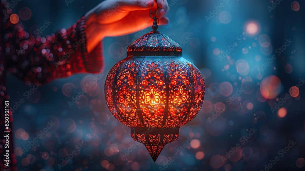 Obraz premium Celebration of islamic eid mubarak and eid al adha lantern in a light background. 