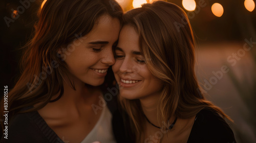 Two sisters with warm smiles embracing each other lovingly