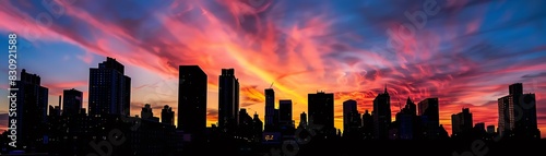 Stunning silhouette of a city skyline during a vibrant sunset with colorful clouds glowing in the sky.