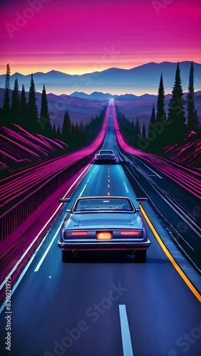 Vertical animation of retro wave car driving on neon-lit road, nightscape. Generative AI video
