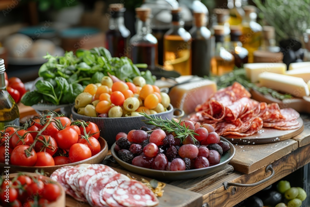 Fototapeta premium An array of charcuterie, cheese, and fresh fruits beautifully displayed on a wooden board