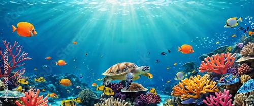 A vivid underwater scene depicting a bustling coral reef with a variety of tropical fish, sunrays penetrating the water, and a sea turtle swimming gracefully. photo