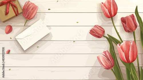 Happy Mothers Day. Beautiful tulips gift box and blan photo