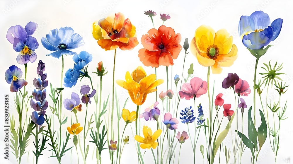 Fototapeta premium Vibrant and Colorful Assortment of Blooming Flowers in Meadow Landscape Capturing the Beauty and Essence of Nature s Flourishing Springtime Display