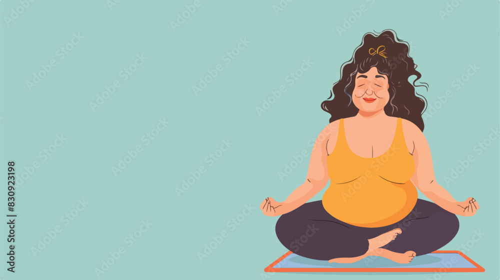 Happy overweight mature woman with yoga mat on light