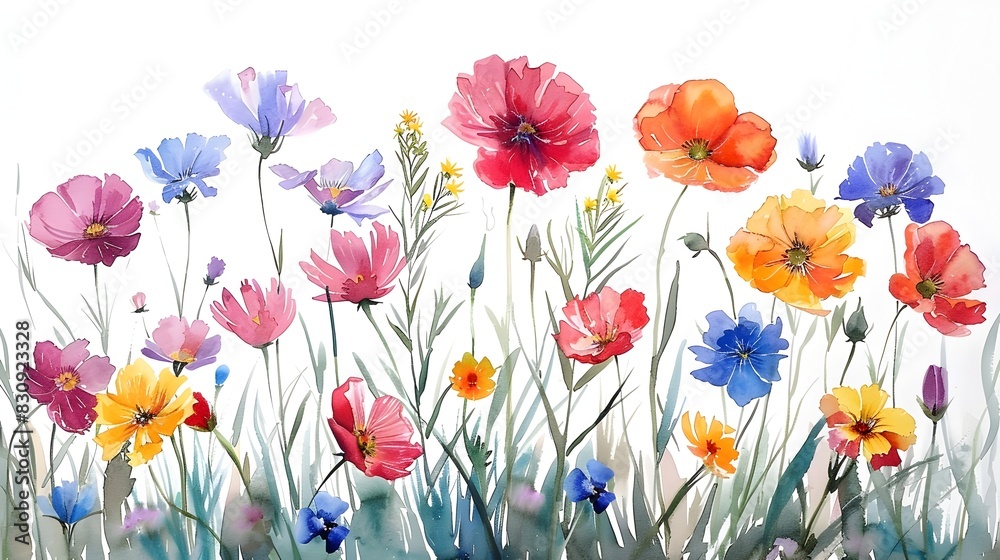Fototapeta premium Vibrant and Colorful Floral Arrangement in Meadow Setting with Blooming Flowers and Greenery for Nature Inspired Design Concept