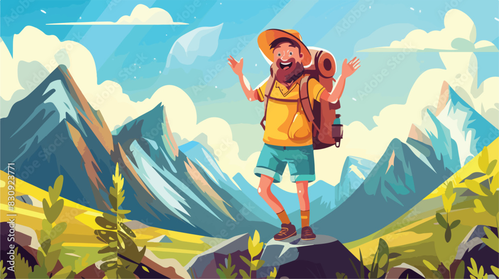 Happy tourist in mountains on sunny day Cartoon vector