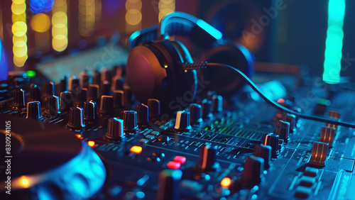 DJ Mixer Console with Headphones Plugged In