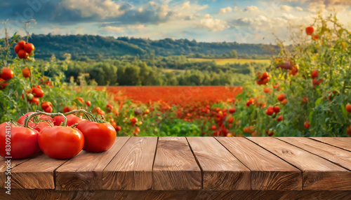 empty wooden table top against the background of a field with red tomatoes. display your product