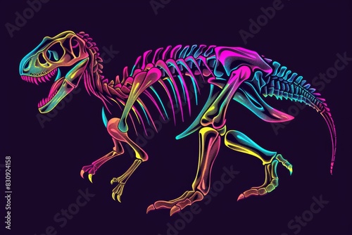 Radiant pink blue purple neon holograms depict skeletal dinosaur silhouettes  showcasing the fusion of technology and prehistoric imagery.