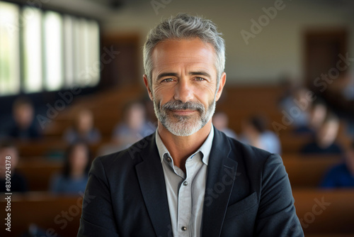 AI generative image of mature man manager going back to school for a training a pass a new degree