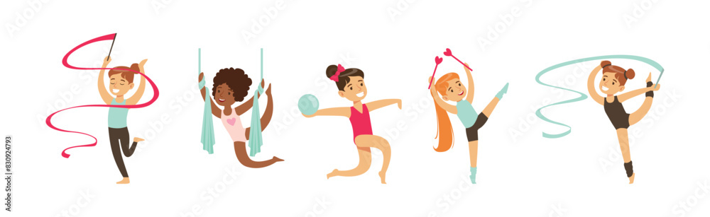 Acrobatic Girl Kid Training and Do Gymnastic Exercise Vector Set