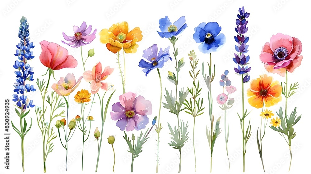 Vibrant Botanical Arrangement of Blooming Wildflowers and Garden Plants in Natural Setting