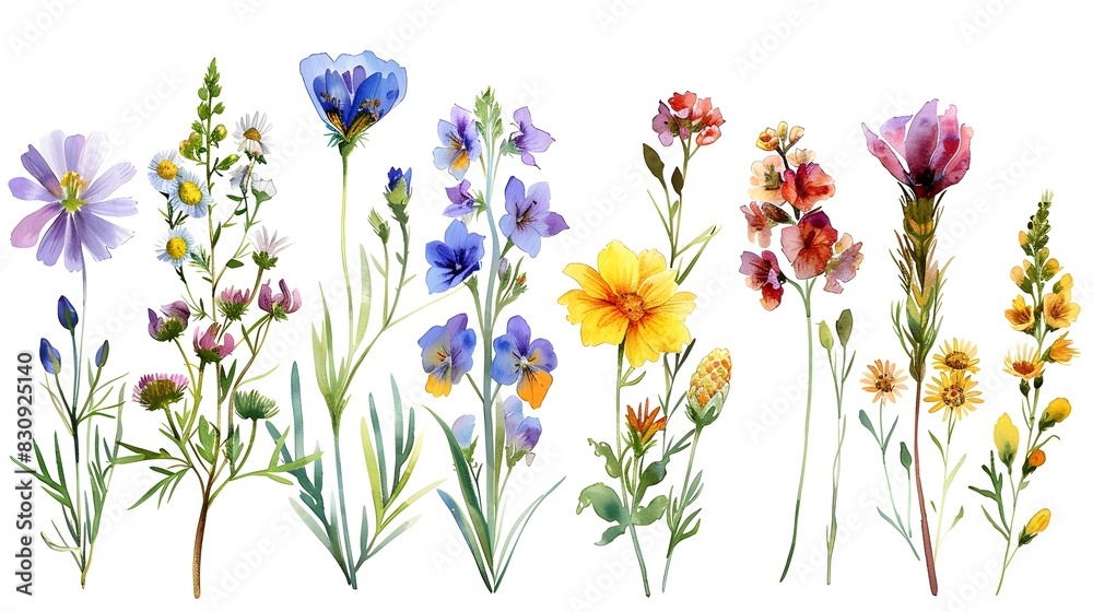 Obraz premium Vibrant Botanical of Colorful Meadow Flowers and Blossoming Plants in Watercolor Inspired Style