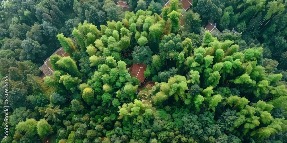 Aerial photography of Chinese bamboo forest, with an open space in the center, real photography, focal length , generated with AI Aerial photography of Chinese bamboo forest, with an open space in the center, real photography, focal length , generated with AI