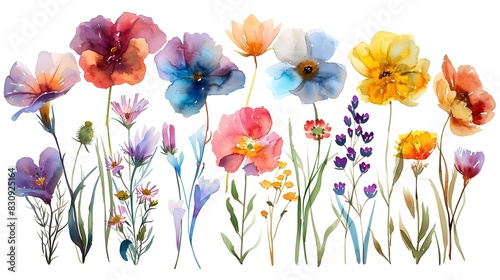 Vibrant Botanical Watercolor Floral Arrangement with Diverse Blooming Flowers