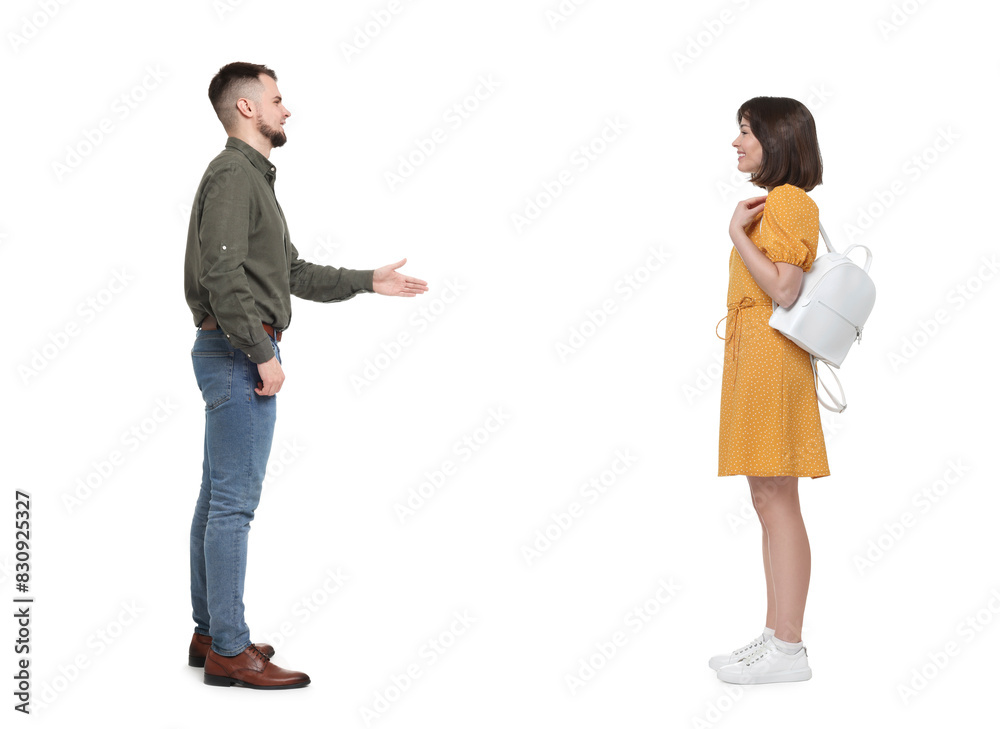 Woman and man talking on white background. Dialogue Woman and man talking on white background. Dialogue