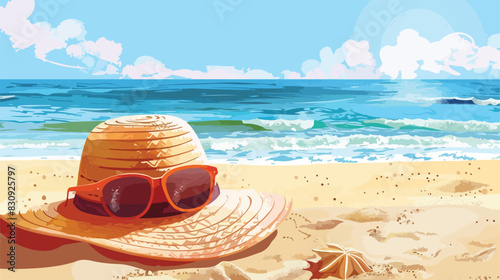 Hat with beautiful sunglasses on sand near sea closeu photo