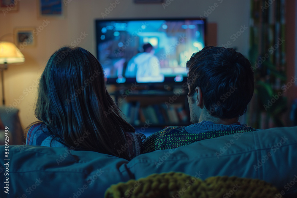 Generated with ai image of a beautiful loving relaxed couple watching tv at home together Generated with ai image of a beautiful loving relaxed couple watching tv at home together