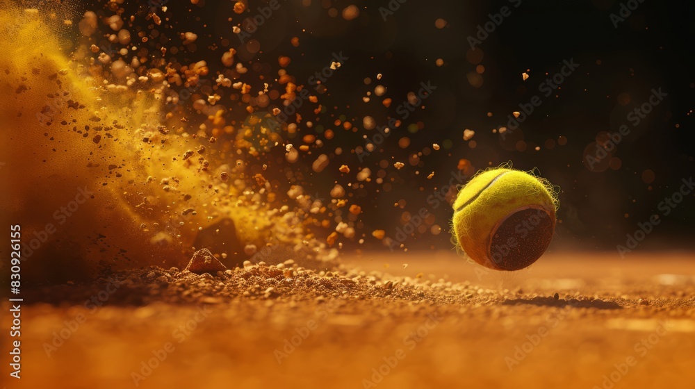 Manga style, close up on a tennis ball bouncing on the clay of roland garros, ocher powder and particles, graphical design, generated with AI