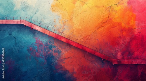 Minimalist aerial view, suspension bridge, very colorful, fine balance, generated with AI